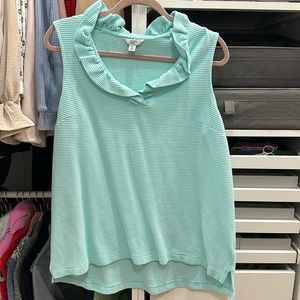 Ruffle collar aqua sleeveless ribbed top